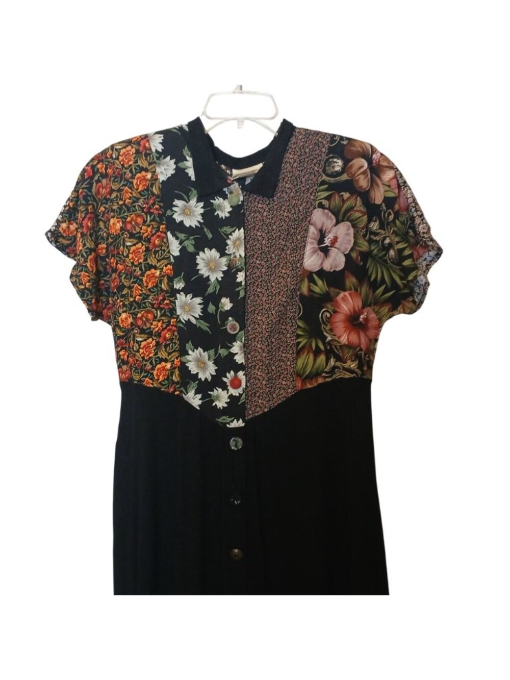 Zoe Patchwork Dress Large Button Maxi Dress Black Multicolor Rayon VTG #L70 - Picture 7 of 12
